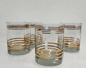 Mid-Century Lowball Glasses - 4 Gold Striped Double Rocks / Double Old-Fashioned Glasses - Glam Mixed Cocktail Tumblers