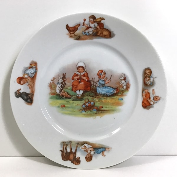 Antique Child’s Plate w/ Easter Bunny Easter Basket Easter Eggs - C.T. (Carl Tielsch) Altwasser, Silesia, Whimsical Farmhouse Cottage Decor