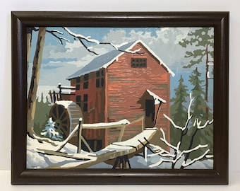 1960s Craft Master “Mill” Paint by Number - Framed Winter Landscape w/ Snowy Red Mill in Woods, Mill Wheel, Bridge - Farmhouse Cottagecore