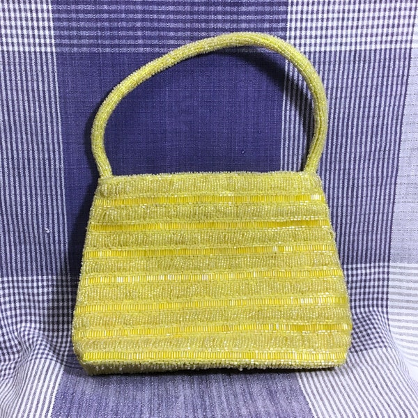 Vintage KC Malhan Sunshine Yellow Beaded Purse - Striped Pattern w/ Yellow Luster Seed & Bugle Beads, Vibrant Day Bag, Colorful Boho Handbag