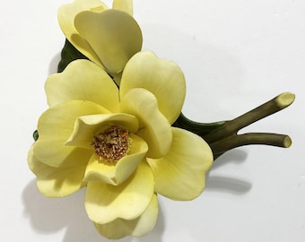 Vintage Bisque Flower Sculpture - Soft Yellow Rose and Rosebuds Multi-Flower Stems, Golden Crown E&R Italy, Capodimonte Style, Pastel Decor