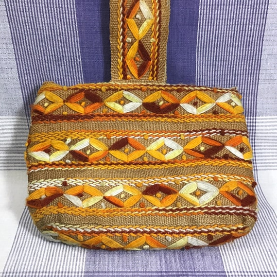 Vintage Embroidered Burlap Purse - Geometric Patt… - image 1