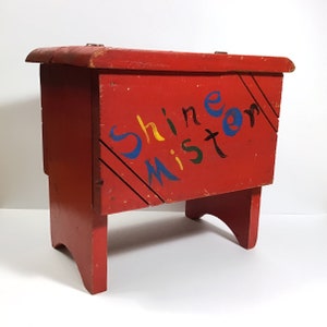 Vintage Red Shoe Shine Stand Hand Painted Wooden Folk Art Shoe Shine Box  Footstool