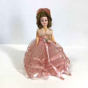 1950s Bridesmaid Doll in Pink Gown - 8&quot; Hard Plastic Doll w/ Sleep Eyes, Moveable Arms, Pink Dress, Headpiece & Flowers - Pink Wedding Doll