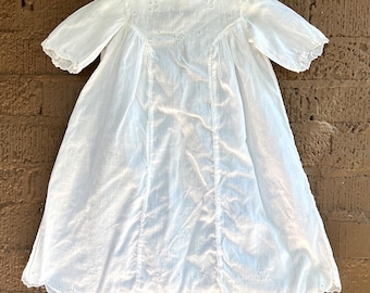 Antique White Dress - Floral Wreath Embroidery Pleats & Scalloped Hem, Edwardian Cotton Batiste Day Dress, Home Decor Display, Toddler, Doll