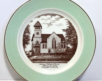 Vintage Church Plate - Calvary Methodist Church, Paterson, NJ - Brown Transferware w/ Green & Gilt Rim, 65th Anniv. Religious Souvenir Plate