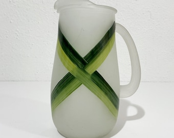 Vintage Frosted Glass Pitcher w/ Hand-Painted Woven Green Stripe Decoration - Small Mid-Century Juice Pitcher - 1950s Retro Kitchenware
