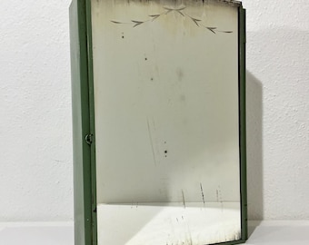 Vintage Medicine Cabinet - Mirror w/ Etched Leaves, Arched Top, Green Painted Metal Frame, 3 Interior Shelves - Rustic Architectural Salvage