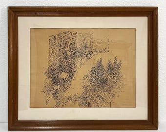 Framed Original Ink Drawing by Richard Claude Ziemann - 1958 Urban Landscape, Cityscape w/ Trees, 18 x 22”, Mid-Century American Art