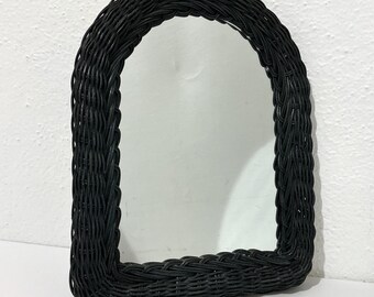Arched Top Mirror with Wicker Frame - 14 x 11” Black Accent Mirror - Boho, Modern Farmhouse, Moody Coastal Whimsigoth Wall Decor