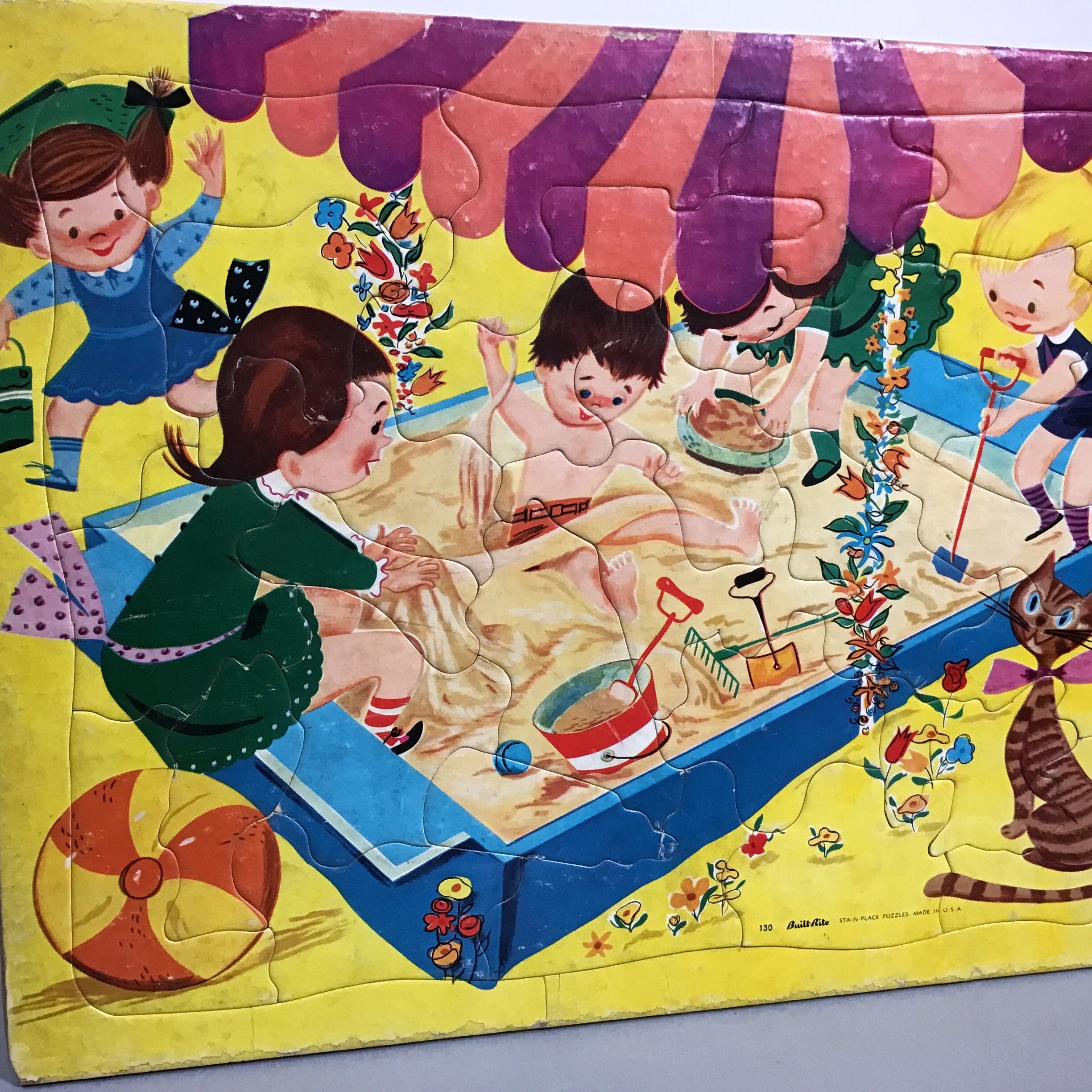 Vintage Built Rite Puzzle - Kids Playing in Sandbox & Atomic Cat ...
