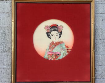 Japanese Woman in Kimono w/ Red Velvet Circle Mat, Gold Bamboo Framed Art, 18 x 17” - Mid-Century Framed Print on Silk - 1970s Asian Kitsch