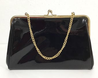 Vintage Glossy Shiny Black Vinyl Purse w/ Gold Tone Kiss Lock Frame & Chain Handle  - Flared Minimal Mod Handbag, Sleek Black Evening Bag