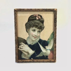 Original Framed Victorian Girl with Dove c.1880s color lithograph scrap rustic gold frame cottagecore cou try decor