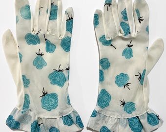 1950s Floral Gloves - Vintage White Semi-Sheer Gloves w/ Turquoise Blue Flowers & Ruffled Cuffs - Fun Flirty Mid-Century Gloves