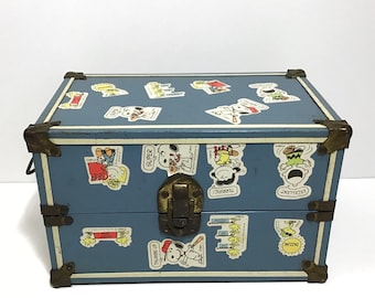 1950/60s Metal Doll Case w/ Peanuts Stickers - Blue & Yellow Stripe Doll Trunk, White w/ Silver Stars Interior - Doll Wardrobe Steamer Trunk