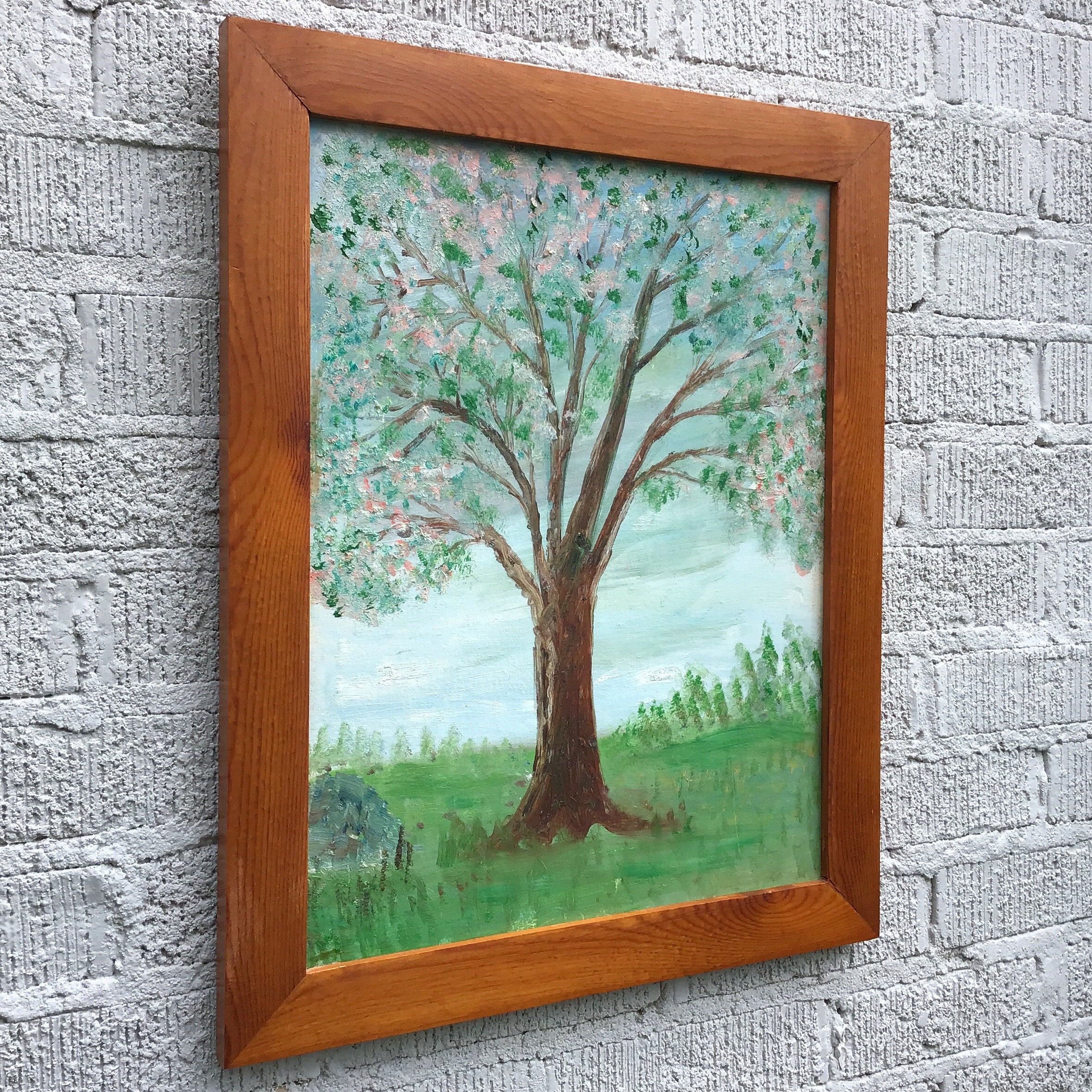 Vintage Framed Landscape Painting - Flowering Tree, Green Field, Blue ...