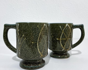Vintage Otagiri Style Mugs - Pair of Speckled Green Stoneware Coffee Mugs w/ Stylized Leaf & Tree Pattern - MCM Nature-Inspired Kitchenware
