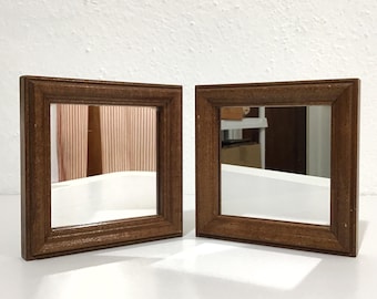2 Vintage Framed Wall Mirrors  - Small, Square-Shaped Accent Mirrors in Brown Wood Frames - Rustic Primitive Decor, Minimalist Wall Decor