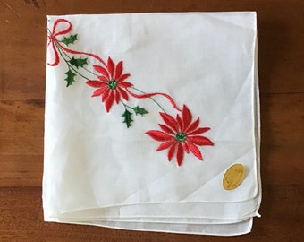 Vintage Christmas Handkerchief - Embroidered Poinsettia & Holly Leaf Hanky - Swiss Cotton, Red Green White Holiday Accessory