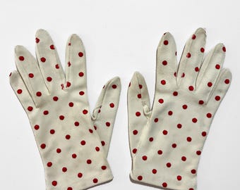 Vintage Polka Dot Gloves, Hansen, Size 7 - Short Wrist Length White Gloves w/ Scarlet Red Polka Dots - Fun Whimsical MCM Fashion Accessory