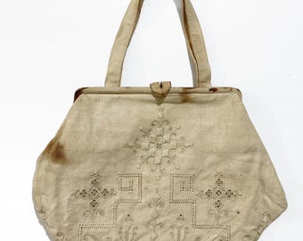 Arts and Crafts Movement Day Purse - Antique Victorian/Edwardian Linen Purse w/ Openwork Embroidery, Stylized Geometric Plant Floral Motifs