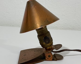 MCM Leviton Copper Clamp Light - Small Industrial Lamp w/ Conical Shade - Clip On Desk, Table, Bedside Reading, Atomic Light Fixture