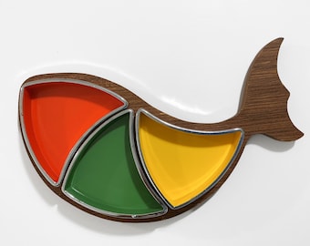 Midcentury Serving Tray - 3 Piece Rainbow Fish Relish Server, Gailstyn, Made in Japan - Colorful Fish-Shaped Melamine & Teak Snack Tray