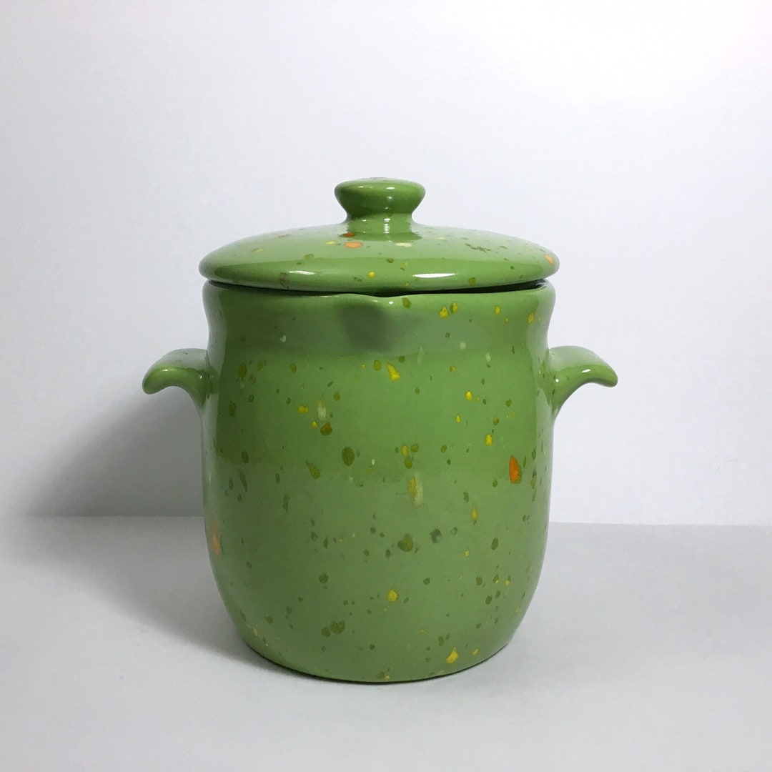 Vintage Homemade Ceramic Storage Jar With Handles & Lid Small Green Jar