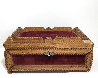 Antique Tramp Art Wooden Box - Chip-Carved Folk Art Box w/ Red Velvet Inset Panels & Pedestal Feet - 19th Century Hand-Carved Decorative Box