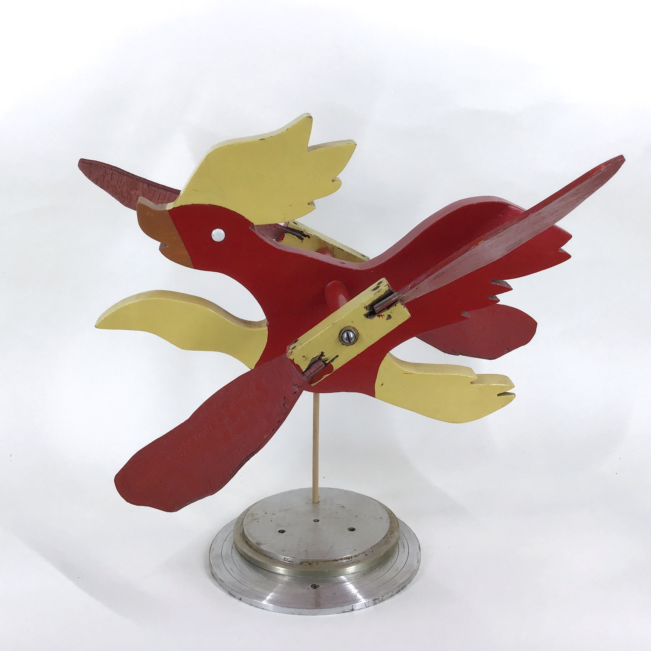 Vintage Red & Yellow Roadrunner Wood Whirligig - Handmade Folk Art
