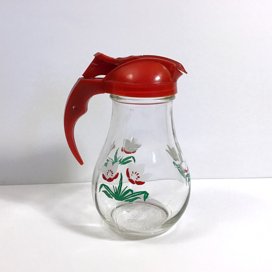Vintage Dripcut Clear Glass Syrup Dispenser W/ Red & White Floral