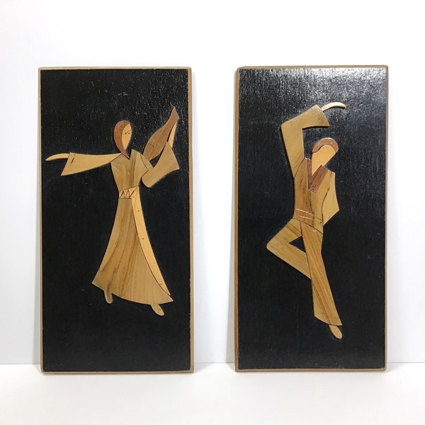 Vintage Pair of Dancers Wood Wall Plaques - Mid-Century Modern Stylized Dancers Wall Decor - Female & Male Dancing Couple Wood Intarsia Art