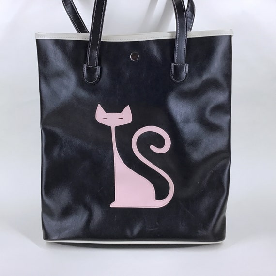 Black Tote Bag w/ White Trim & Pink Cat, RedTango… - image 1