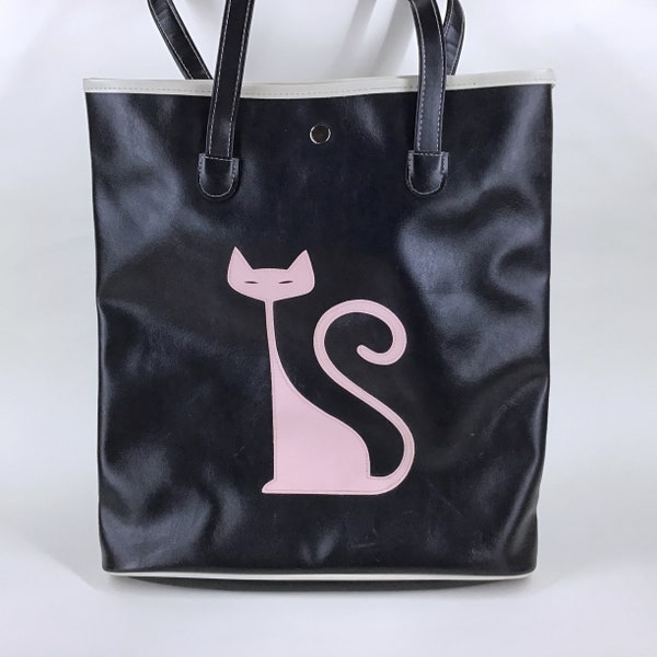 Black Tote Bag w/ White Trim & Pink Cat, RedTango by TokyoBay - Midcentury Modern Atomic Cat - Shoulder Bag, Handbag, Mod Purse