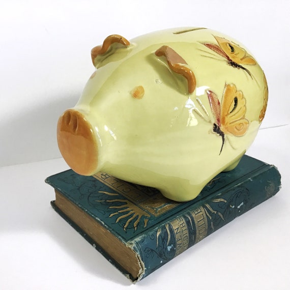 Vintage Yellow Piggy Bank W Butterflies Italy MCM Hand painted