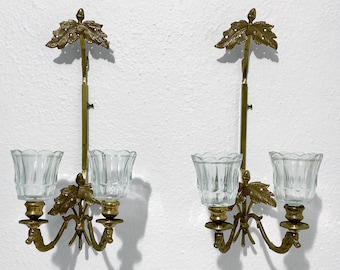 Vintage Wall Sconce Pair - Brass Candle Holders w/ Acorn Oak Leaf & Horse Head Motifs, Peg Glass Sconces - 1970s Equestrian Light Fixtures