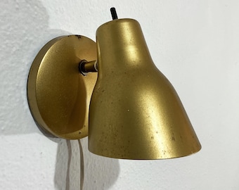 Mid-Century Wall Sconce - Gold Tone Swivel Cone Shade w/ Circular Base - MCM Atomic Space Age Lighting, Plug In Aluminum Light Fixture