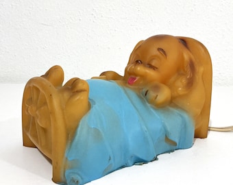 1956 Nursery Lamp, Bonnytex Prod. - Puppy Sleeping in Bed w/ Blue Blanket and Bone - Night Light, Desk Table Bedside Reading
