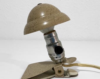 MCM Leviton Industrial Clamp Light - Small Beige & Gold Speckled Mushroom Lamp - Clip On Desk, Table, Bedside Reading Light, Cottagecore