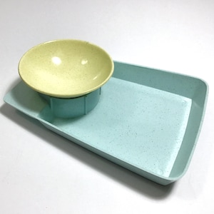 Vintage Little Jack Horner Chip-Dip Snack Set - MCM Speckled Yellow & Blue Plastic Snack Bowl and Tray - Cute Pastel Individual Serving Tray