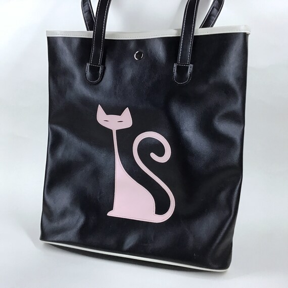 Black Tote Bag w/ White Trim & Pink Cat, RedTango… - image 3