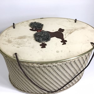 Vintage French Poodle Sewing Basket/Hat Box - MCM Beige Oval Box w/ Lid Corded Handles, Sewing Storage Craft Travel Box, 1950s Kitsch Decor