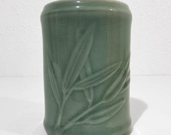 Vintage Celadon Glazed Porcelain Brush Pot w/ Bamboo Leaves, Longquan, China - Soft Green Nature Inspired Cylinder Vase, Storage Jar
