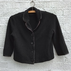 Vintage 1960s Black Suit Jacket by Butte Knit  - Short Wool Knit Jacket, Satin Trim,  3/4 Length Sleeves- Women&#39;s Small Size, Jackie O Style