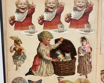 Antique Victorian Scrapbook - 24+ Full Pages of Greeting & Trade Cards - Love Themed Hands w/ Flowers, Children, Cats, Love Birds, Vignettes