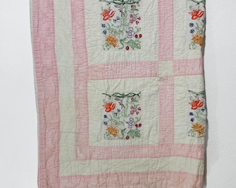 1970s Embroidered Quilt - Pink and White Patchwork Quilt w/ Embroidered Blocks - Woodland Deer Plants Flowers Berries, Cottagecore Farmhouse