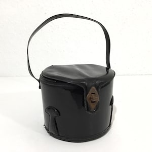 Mid-Century Black Vinyl Purse - Small Structured 3/4 Round Purse w/ Atomic Mushroom Details, Turn-Lock - Cute Mod Purse, Mini Hat Box Style