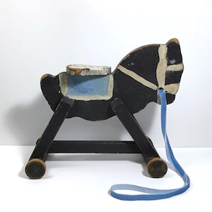 Vintage Folk Art Wood Horse on Wheels - Hand-Painted Wood Pull Push Toy - Black, White, & Baby Blue Toy Horse, Rustic Primitive Home Decor