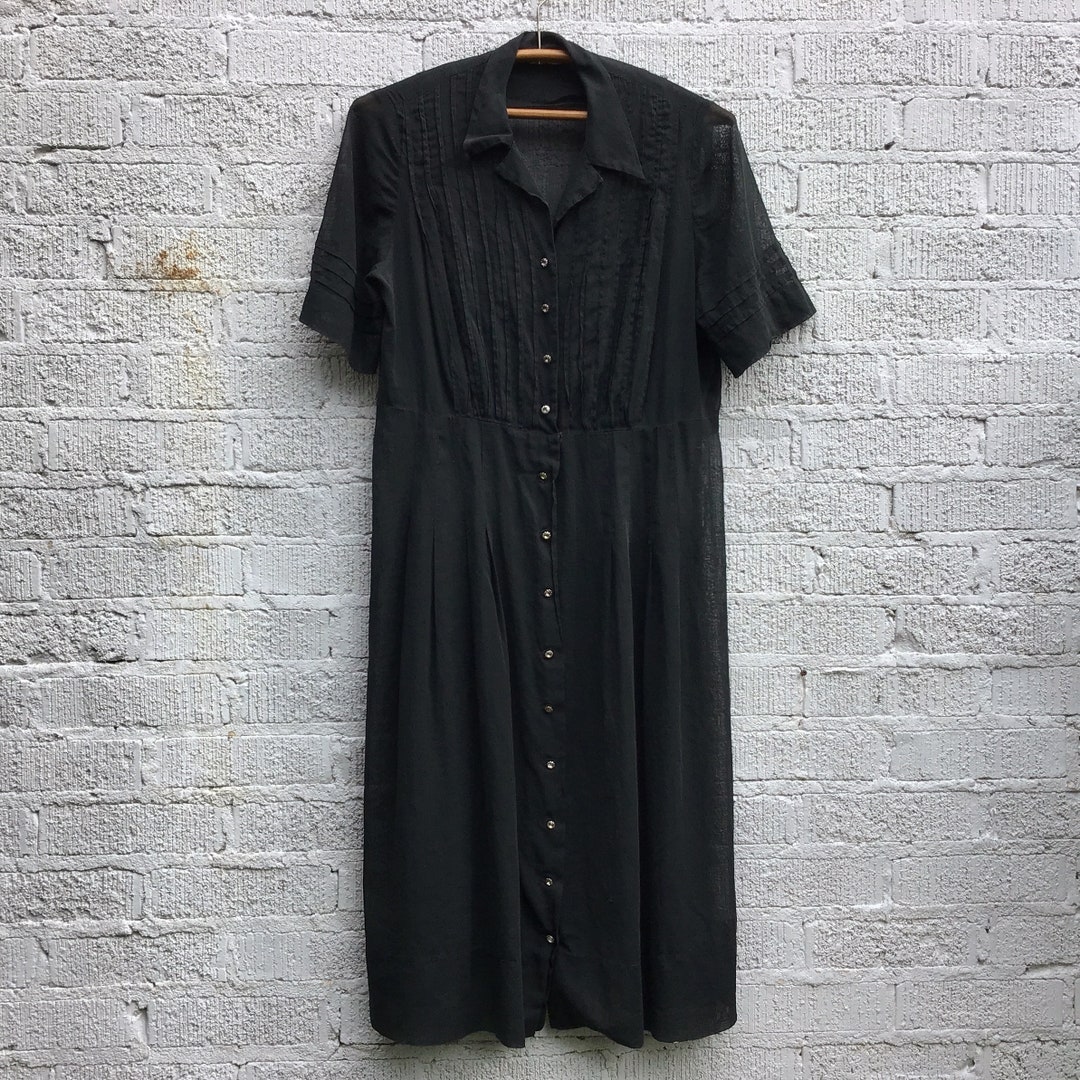 Vintage Nelly Don Black Sheer Cocktail Dress Rhinestone Button